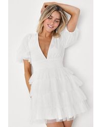 Lulus - Dramatic Poise Dot Tulle Puff Sleeve Tiered Mini Dress - Lyst
