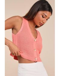 Lulus - Aesthetic Ease Pierced Knit Button-Front Cropped Tank Top - Lyst