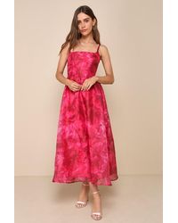 Lulus - Darling Icon Dark Floral Organza Lace-Up Midi Dress - Lyst