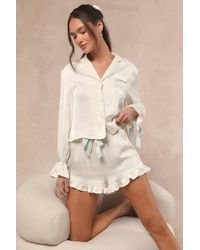 Lulus - Kelda And Sage Satin Embroidered Two-Piece Pajama Set - Lyst