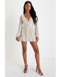Lulus - Watch Me Shine Sequin Plunge Long Sleeve Romper - Lyst