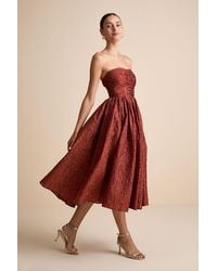 Lulus - Analeia Rust Jacquard Lace-Up Strapless Midi Dress - Lyst