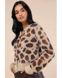 Lulus - Fierce And Cozy Leopard Print Eyelash Knit Cardigan Sweater - Lyst