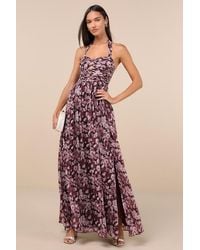 Lulus - Illustrious Aura Plum Floral Pleated Halter Maxi Dress - Lyst