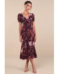 Lulus - Loving Approach Velvet Burnout Puff Sleeve Midi Dress - Lyst