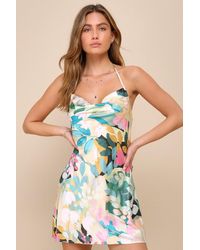 Lulus - Elevated Effect Multi Floral Satin Halter Slip Mini Dress - Lyst