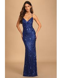 Lulus - Photo Finish Royal Sequin Lace-Up Maxi Dress - Lyst