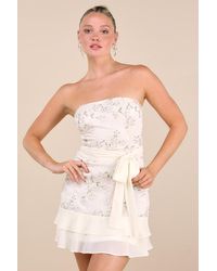 Lulus - Vallea Cream Floral Embroidered Strapless Mini Dress - Lyst