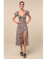 Lulus - Meadow Muse Floral Tie-Back Puff Sleeve Midi Dress - Lyst