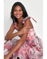 Lulus - Playfully Posh Blush Floral Organza Tie-Strap Tiered Midi Dress - Lyst