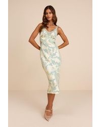 Lulus - Mariposa Sage Floral Satin Lace Slip Midi Dress - Lyst