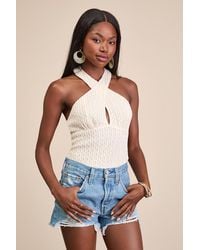 Lulus - Sidia Cream Textured Knit Cross-Front Bodysuit - Lyst