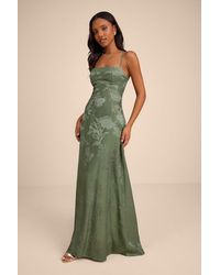 Lulus - Elin Sage Floral Jacquard Lace-Up Maxi Dress - Lyst