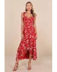 Lulus - So Elevated Floral Jacquard Tie-Strap High-Low Midi Dress - Lyst