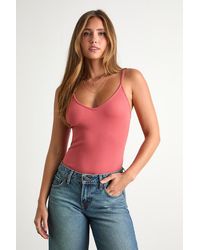 Lulus Basics - Talula Rusty Rose Ribbed V-Neck Cami Bodysuit - Lyst