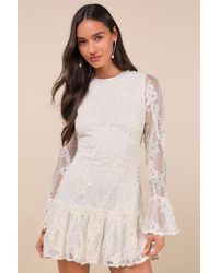 Lulus - Darling Era Lace Applique Long Sleeve Ruffled Mini Dress - Lyst