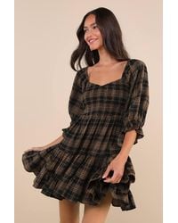 Lulus - No One Cuter Plaid Puff Sleeve Tiered Mini Dress - Lyst
