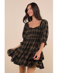 Lulus - No One Cuter Plaid Puff Sleeve Tiered Mini Dress - Lyst