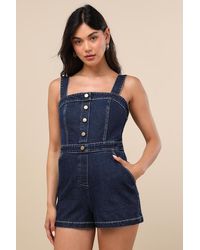 Lulus - Thema Dark Wash Denim Button-Front Romper - Lyst