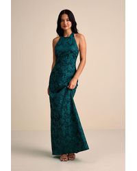 Lulus - Alaria Emerald Satin Jacquard Halter Neck Maxi Dress - Lyst