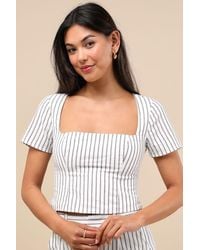Lulus - Danai And Slate Striped Short Sleeve Crop Top - Lyst