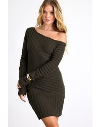 Lulus - Penelope Dark Ribbed Off-The-Shoulder Sweater Mini Dress - Lyst