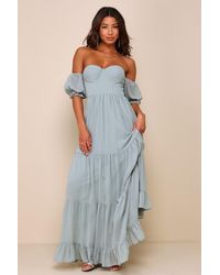 Lulus - Exceptionally Gorgeous Sage Chiffon Off-The-Shoulder Maxi Dress - Lyst