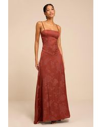 Lulus - Elin Rust Floral Jacquard Lace-Up Maxi Dress - Lyst