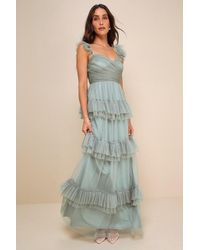 Lulus - Pure Radiance Sage Brush Mesh Swiss Dot Tiered Maxi Dress - Lyst