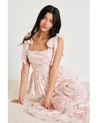 Lulus - Baina Blush Floral Jacquard Tiered Midi Dress - Lyst