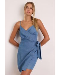 Lulus - Neya Chambray Wrap Mini Dress - Lyst