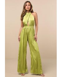 Lulus - Confident Impression Lime Satin Pleated Halter Jumpsuit - Lyst