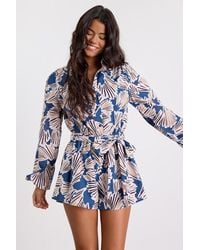 Lulus - Dimora Abstract Print Long Sleeve Collared Romper - Lyst