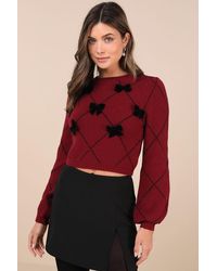 Lulus - Holiday Darling Argyle Balloon Sleeve Bow Sweater - Lyst
