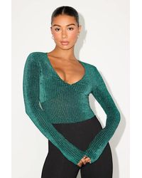 Lulus - Stelly Shiny Emerald Velvet Textured Long Sleeve Bodysuit - Lyst