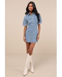 Lulus - Renske Light Wash Denim Floral Button-Front Mini Dress - Lyst