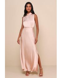 Lulus - Classic Elegance Blush Satin Sleeveless Mock Neck Maxi Dress - Lyst