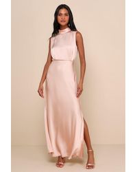 Lulus - Classic Elegance Blush Satin Sleeveless Mock Neck Maxi Dress - Lyst