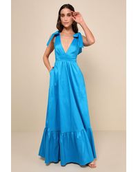Lulus - Rare Charm Taffeta Tie-Strap Maxi Dress With Pockets - Lyst