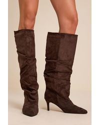 Lulus - Maggie Suede Pointed-Toe Ruched Knee-High Boots - Lyst