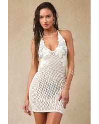 Lulus - Beachy Tidings Cream Crochet Halter Mini Swim Cover-Up - Lyst