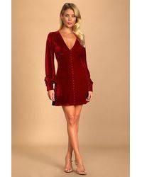 Lulus - Make It Merry Velvet Long Sleeve Button-Up Mini Dress - Lyst