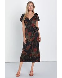 Lulus - Subtle Elegance Floral Print Faux Wrap Midi Dress - Lyst