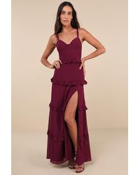 Lulus - Sincerely Poised Plum Backless Bustier Tiered Maxi Dress - Lyst