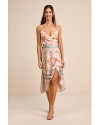 Lulus - Bensley Multi Boho Print Satin Wrap Midi Dress - Lyst