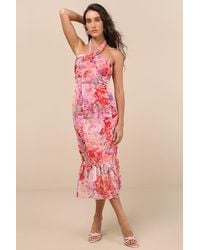 Lulus - Juno Multi Floral Halter Trumpet Midi Dress - Lyst