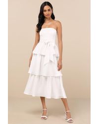 Lulus - Truly Marvelous Jacquard Strapless Tiered Midi Dress - Lyst