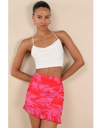 Lulus - Mideia Floral Mesh Ruched Ruffled Mini Skirt - Lyst