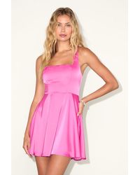 Lulus - Admirably Chic Satin Lace-Up Mini Dress With Pockets - Lyst