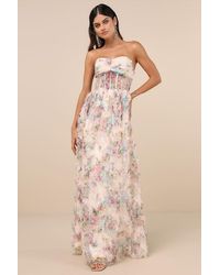 Lulus - Stunning Element Cream Floral Mesh Ruffled Strapless Maxi Dress - Lyst